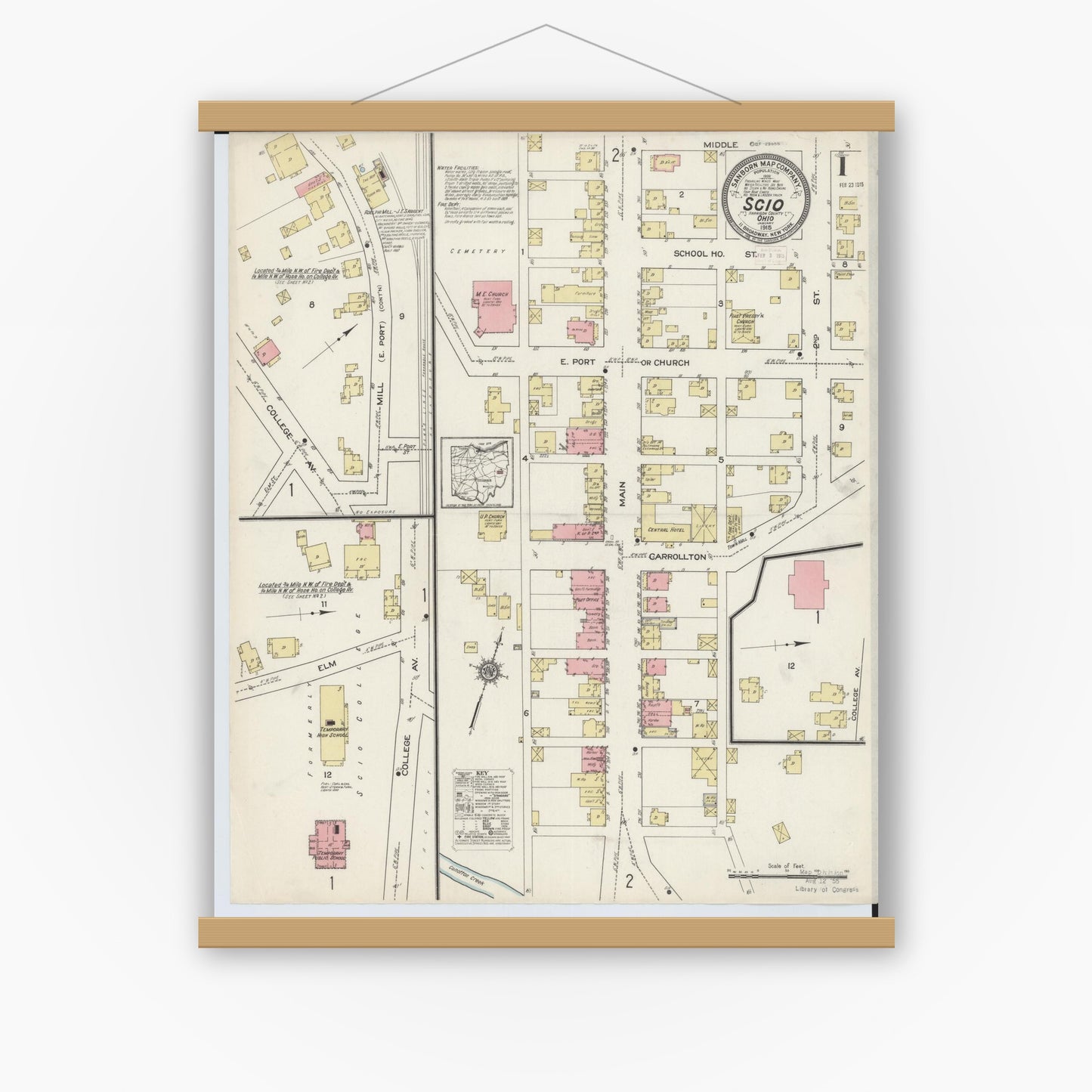 Old map wall art mockup — magnetic wood frame on white wall — Sanborn Fire Insurance Map from Scio, Harrison County, Ohio (1915) - Complete Map Set