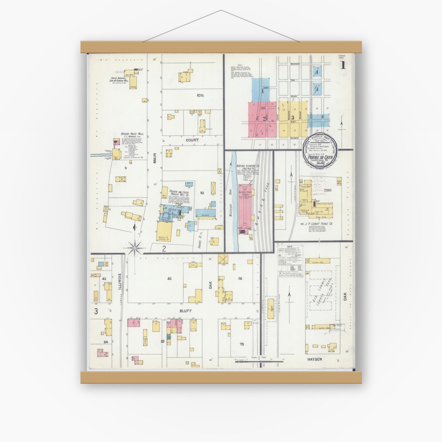 Old map wall art mockup — magnetic wood frame on white wall — Sanborn Fire Insurance Map from Prairie du Chien, Crawford County, Wisconsin (1899) - Complete Map Set