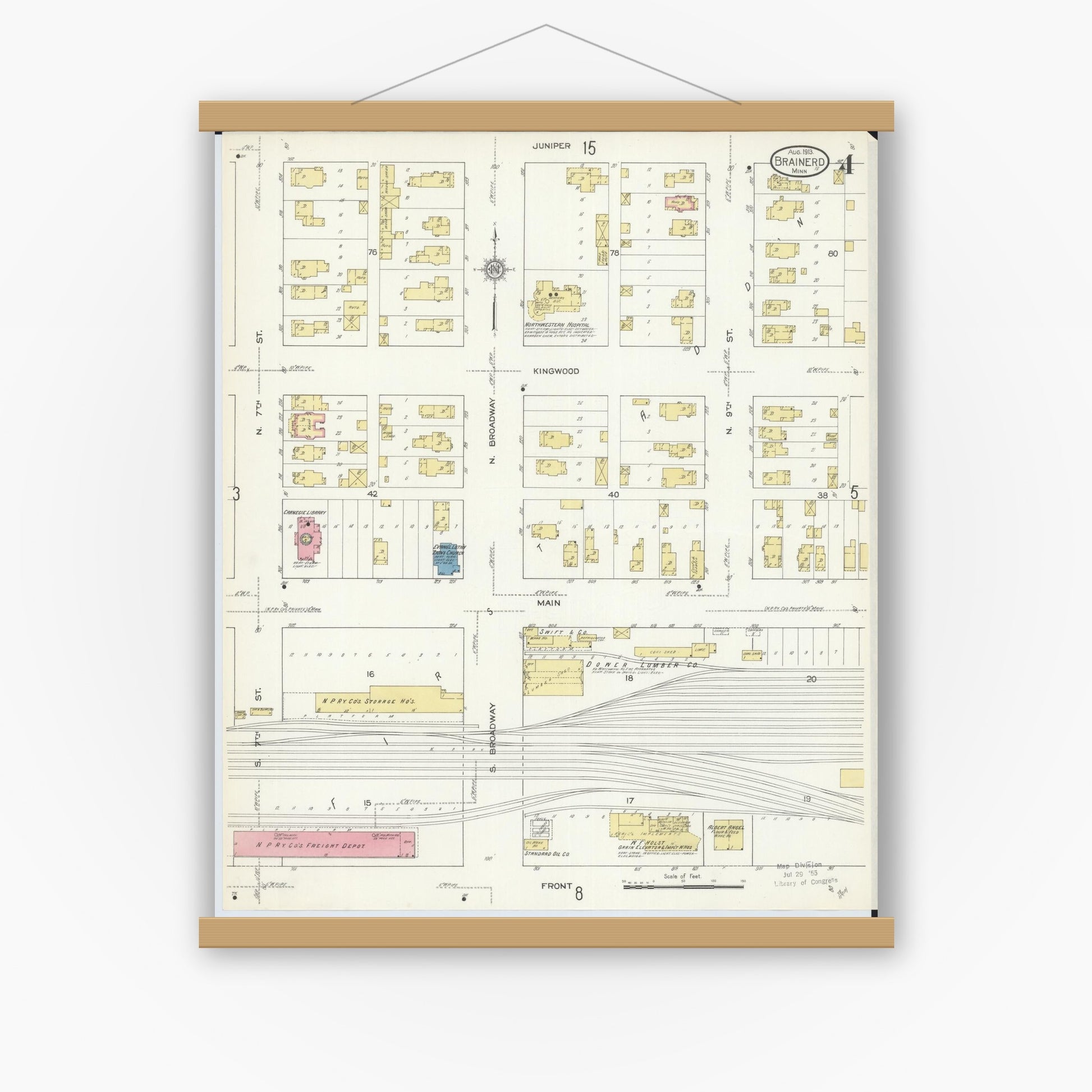 Old map wall art mockup — magnetic wood frame on white wall — Sanborn Fire Insurance Map from Brainerd, Crow Wing County, Minnesota (1913), Sheet #0004