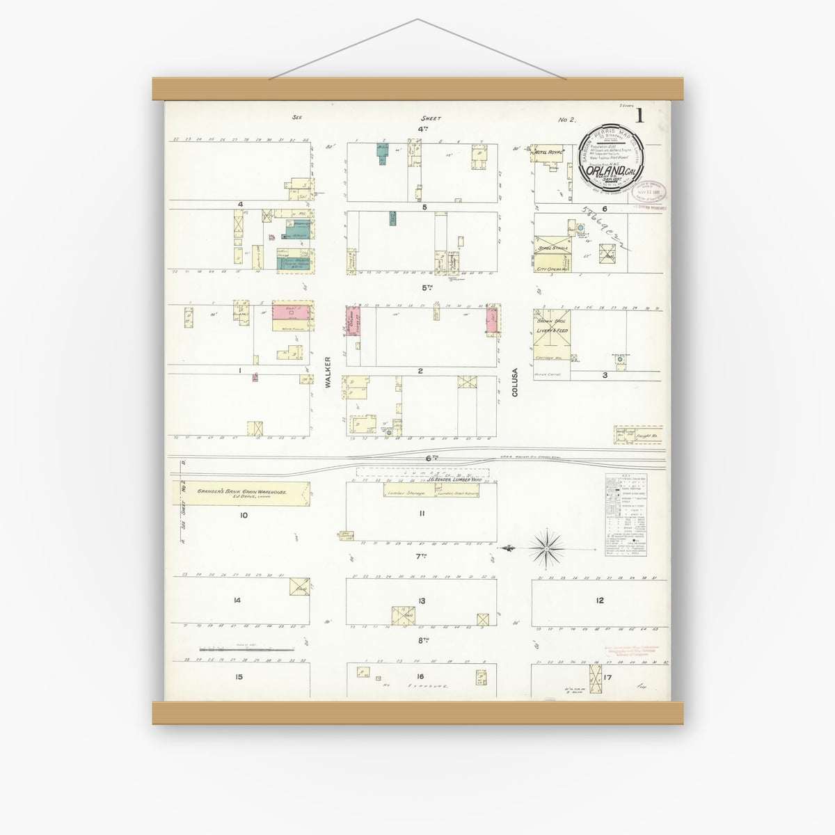 Old map wall art mockup — magnetic wood frame on white wall — Sanborn Fire Insurance Map from Orland, Glenn County, California (1897) - Complete Map Set