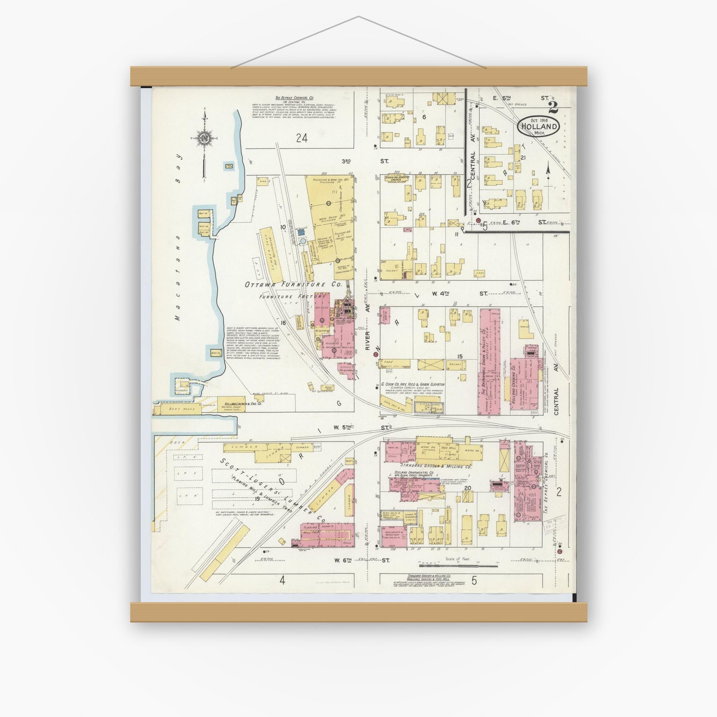 Old map wall art mockup — magnetic wood frame on white wall — Sanborn Fire Insurance Map from Holland, Ottawa County, Michigan (1916), Sheet #0002