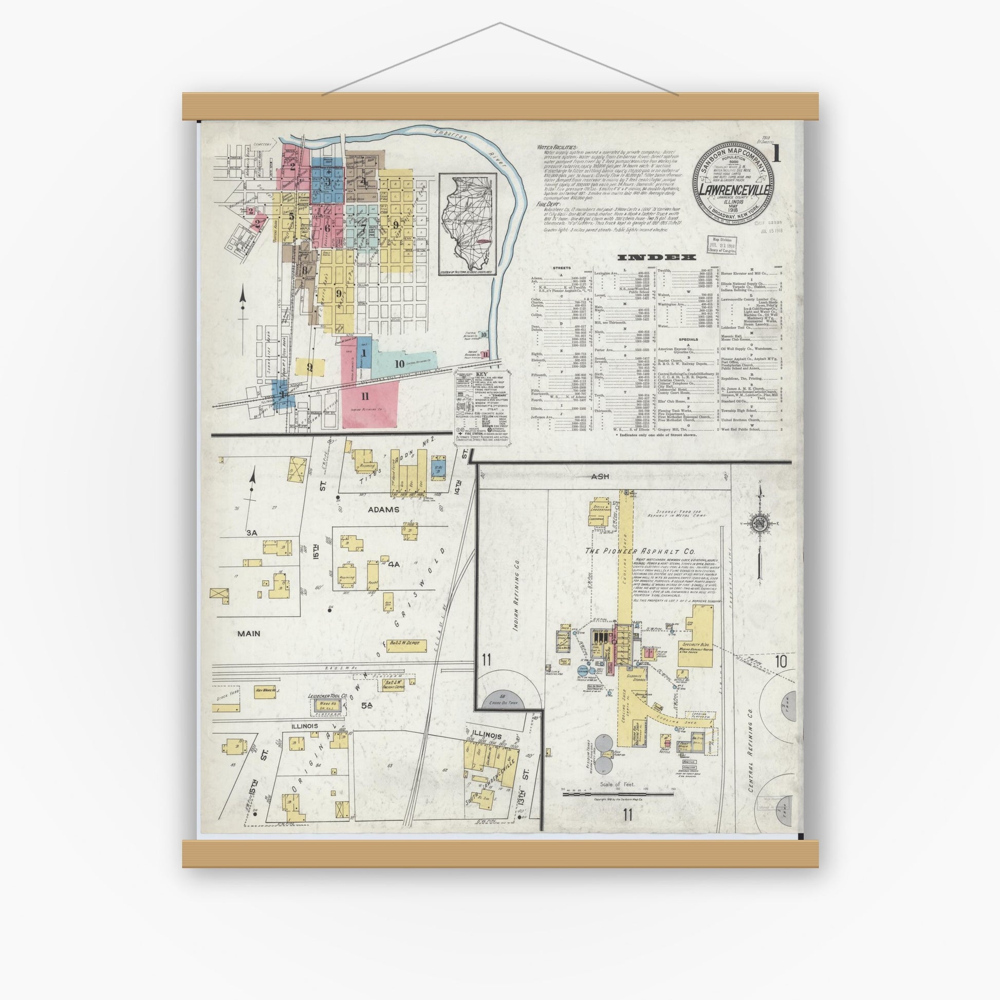 Old map wall art mockup — magnetic wood frame on white wall — Sanborn Fire Insurance Map from Lawrenceville, Lawrence County, Illinois (1918) - Complete Map Set
