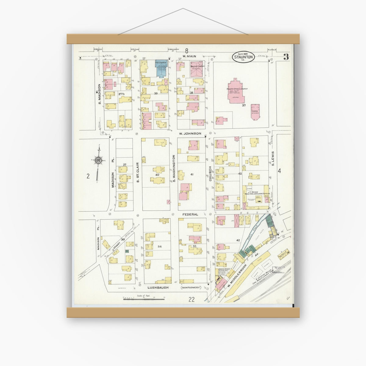 Old map wall art mockup — magnetic wood frame on white wall — Sanborn Fire Insurance Map from Staunton, Independent Cities, Virginia (1909), Sheet #0003