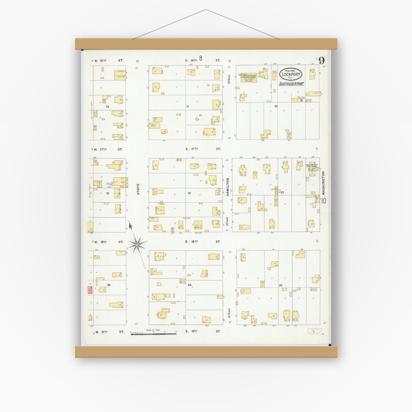 Old map wall art mockup — magnetic wood frame on white wall — Sanborn Fire Insurance Map from Lockport, Will County, Illinois (1909), Sheet #0009