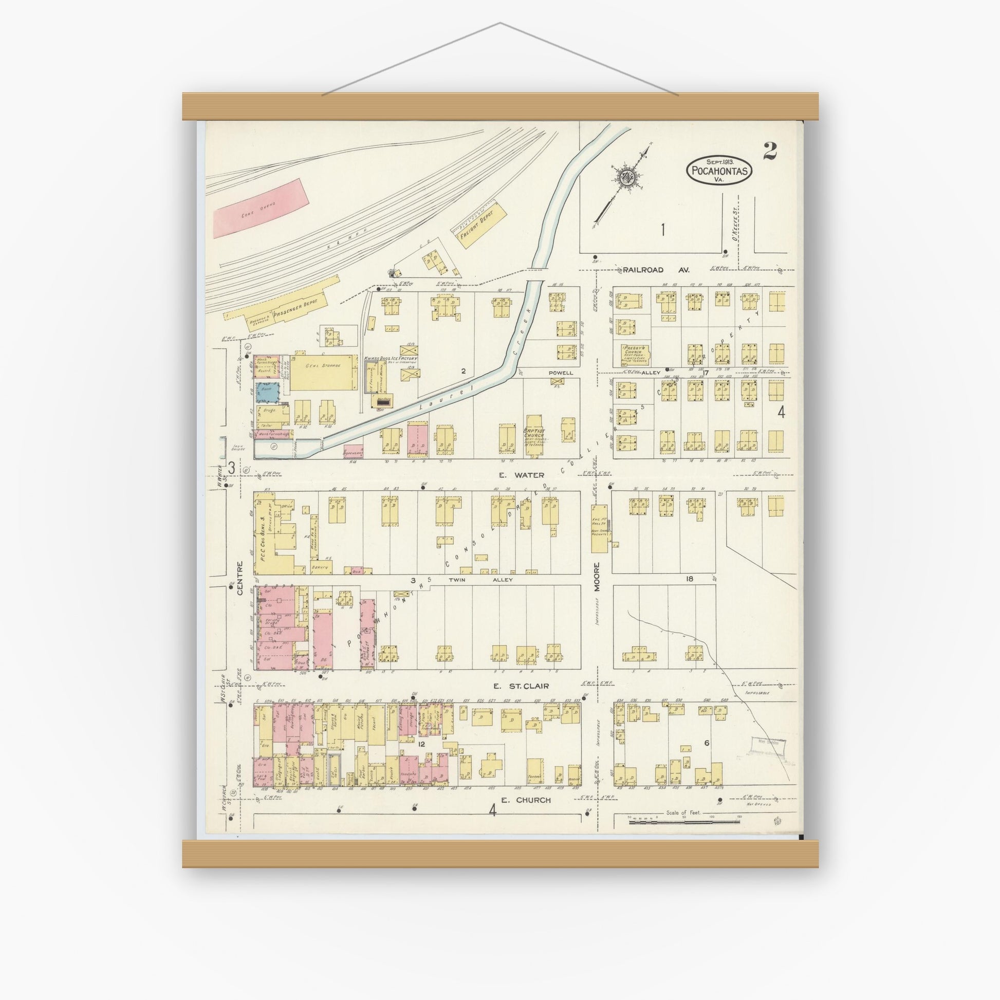 Old map wall art mockup — magnetic wood frame on white wall — Sanborn Fire Insurance Map from Pocahontas, Tazewell County, Virginia (1913), Sheet #0002