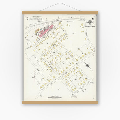 Old map wall art mockup — magnetic wood frame on white wall — Sanborn Fire Insurance Map from Burlington, Alamance County, North Carolina (1924), Sheet #0006