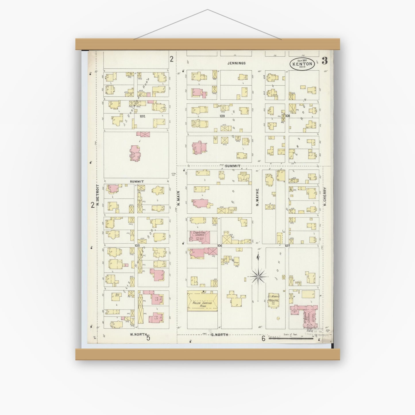 Old map wall art mockup — magnetic wood frame on white wall — Sanborn Fire Insurance Map from Kenton, Hardin County, Ohio (1897), Sheet #0003