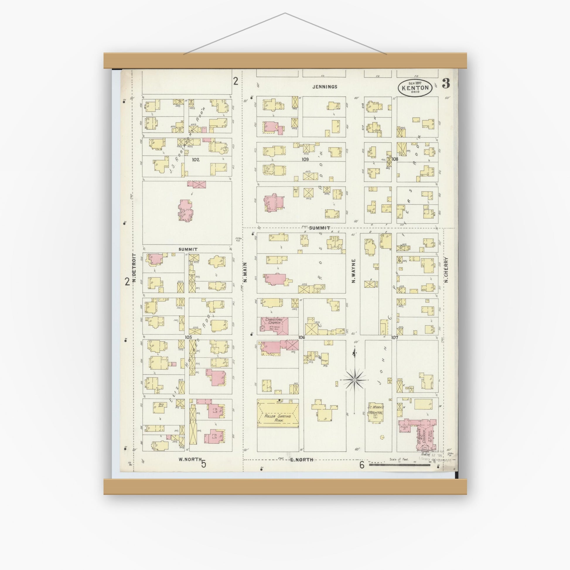 Old map wall art mockup — magnetic wood frame on white wall — Sanborn Fire Insurance Map from Kenton, Hardin County, Ohio (1897), Sheet #0003