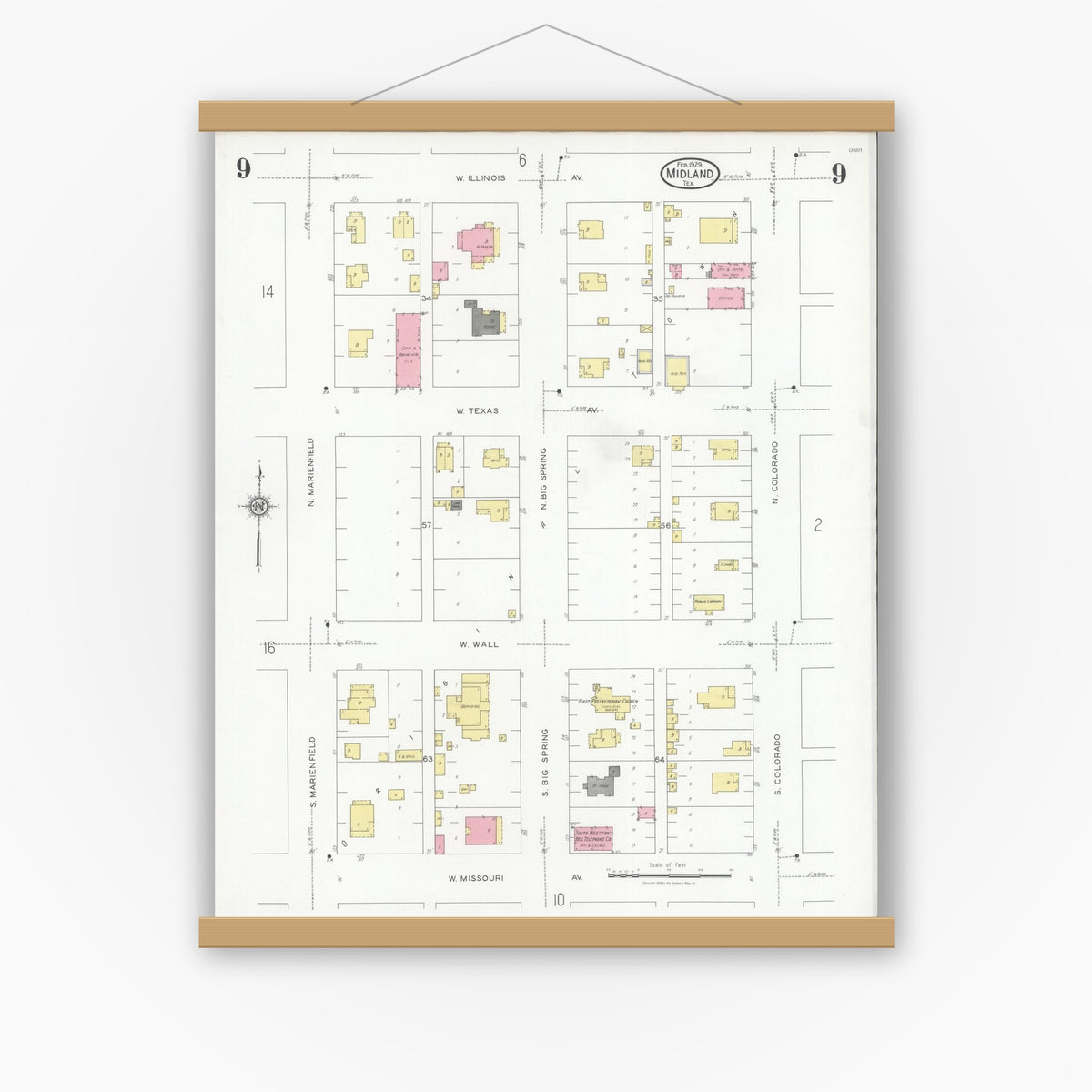 Old map wall art mockup — magnetic wood frame on white wall — Sanborn Fire Insurance Map from Midland, Midland County, Texas (1929), Sheet #0009