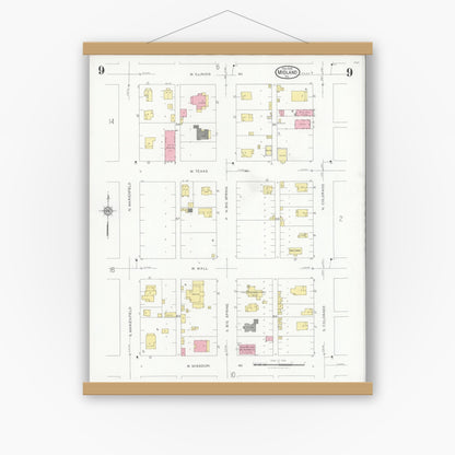 Old map wall art mockup — magnetic wood frame on white wall — Sanborn Fire Insurance Map from Midland, Midland County, Texas (1929), Sheet #0009