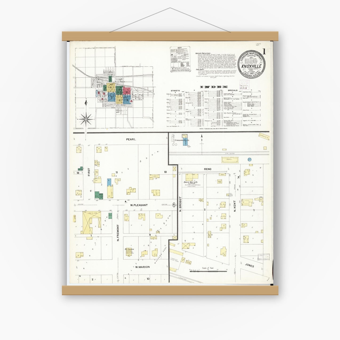 Old map wall art mockup — magnetic wood frame on white wall — Sanborn Fire Insurance Map from Knoxville, Marion County, Iowa (1907) â€” Complete Set