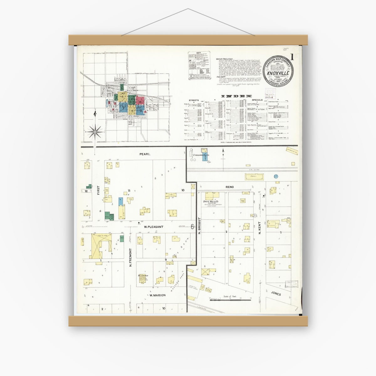 Old map wall art mockup — magnetic wood frame on white wall — Sanborn Fire Insurance Map from Knoxville, Marion County, Iowa (1907) â€” Complete Set