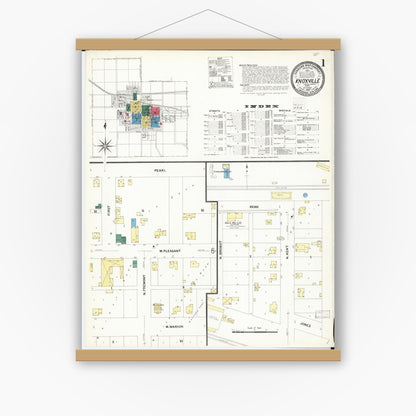 Old map wall art mockup — magnetic wood frame on white wall — Sanborn Fire Insurance Map from Knoxville, Marion County, Iowa (1907) â€” Complete Set