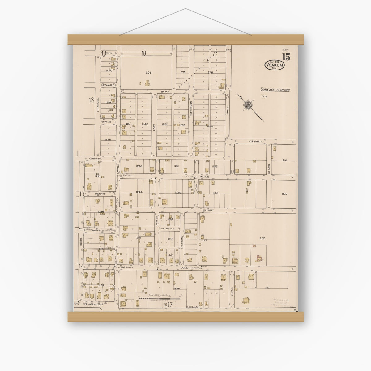 Old map wall art mockup — magnetic wood frame on white wall — Sanborn Fire Insurance Map from Yoakum, De Witt And Lavaca Counties, Texas (1922), Sheet #0015