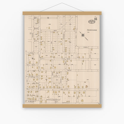Old map wall art mockup — magnetic wood frame on white wall — Sanborn Fire Insurance Map from Yoakum, De Witt And Lavaca Counties, Texas (1922), Sheet #0015