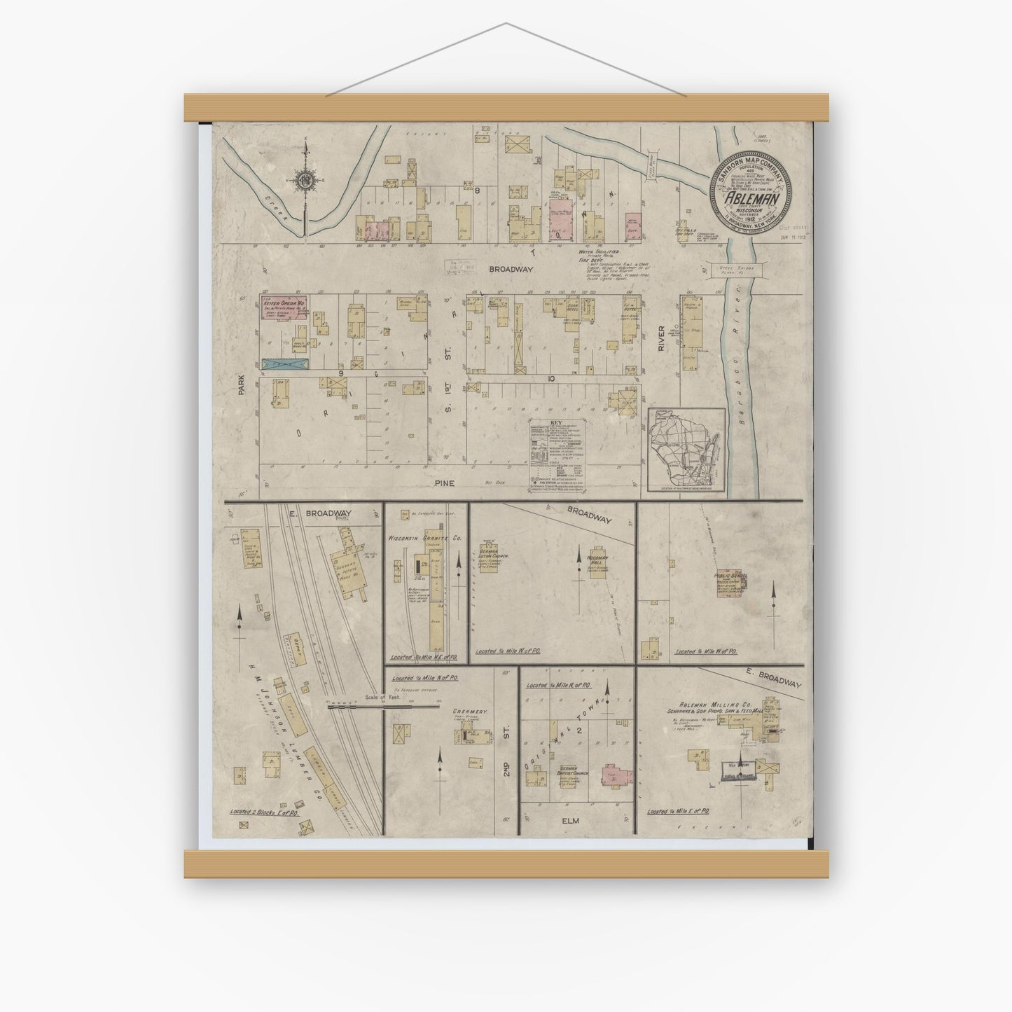 Old map wall art mockup — magnetic wood frame on white wall — Sanborn Fire Insurance Map from Ableman, Sauk County, Wisconsin (1912), Sheet #0001