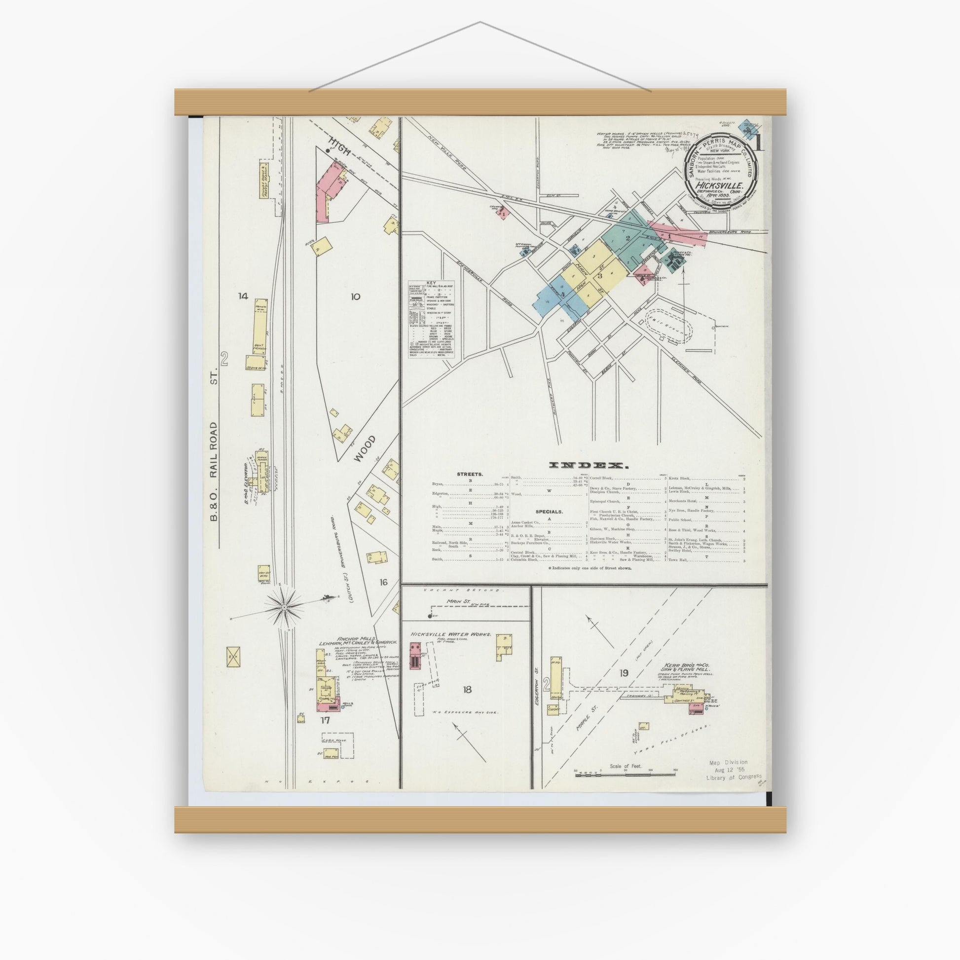 Old map wall art mockup — magnetic wood frame on white wall — Sanborn Fire Insurance Map from Hicksville, Defiance County, Ohio (1893) - Complete Map Set
