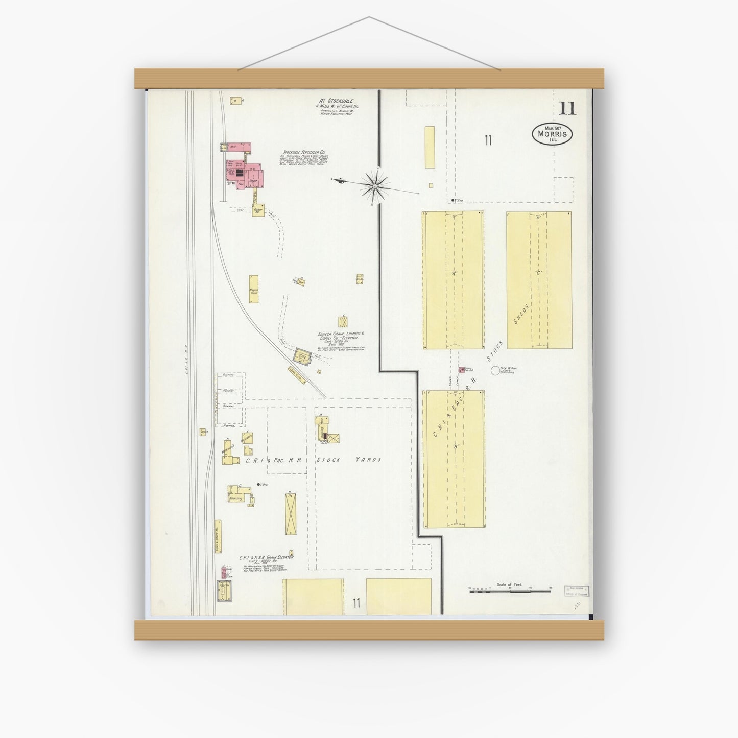 Old map wall art mockup — magnetic wood frame on white wall — Sanborn Fire Insurance Map from Morris, Grundy County, Illinois (1907), Sheet #0011