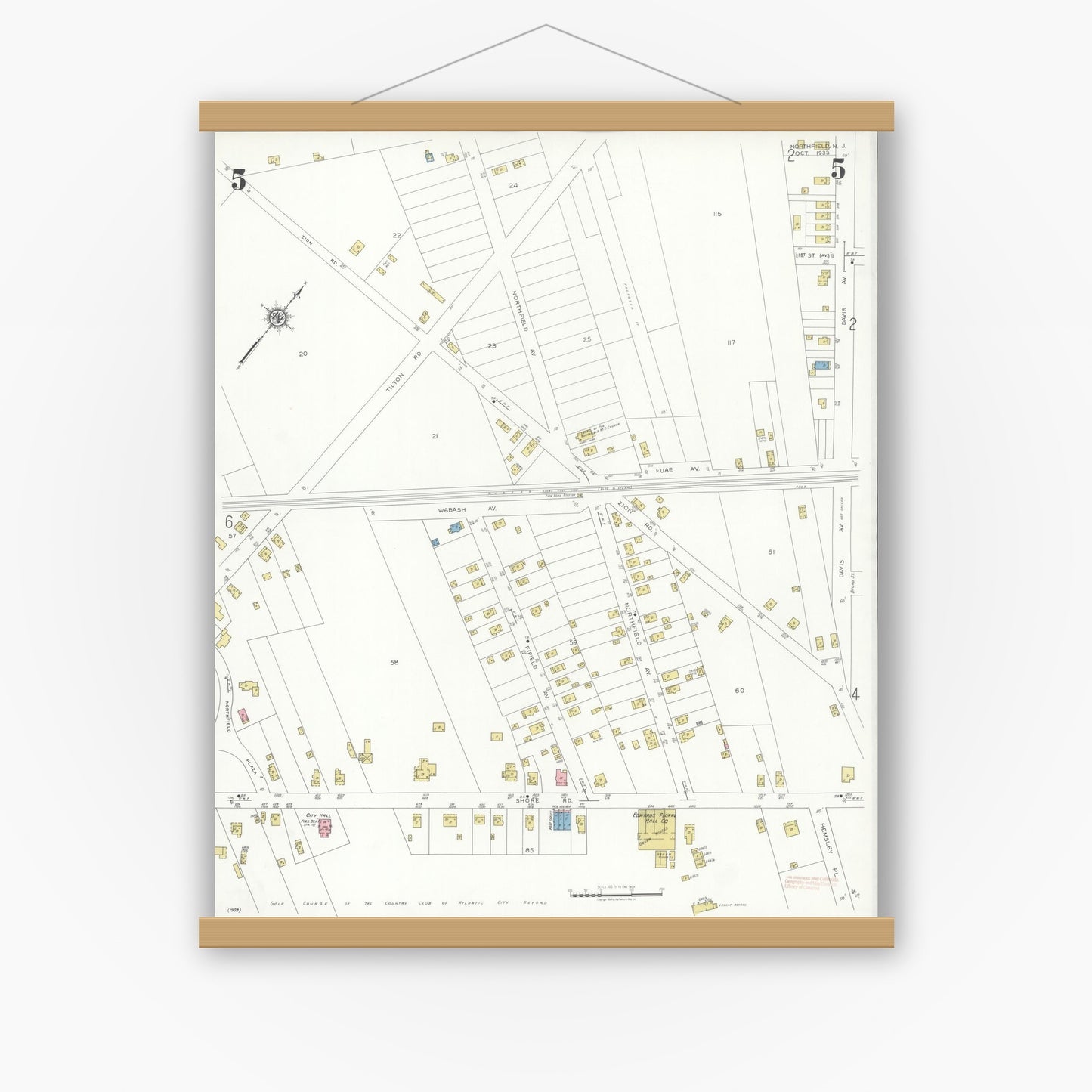 Old map wall art mockup — magnetic wood frame on white wall — Sanborn Fire Insurance Map from Northfield, Atlantic County, New Jersey (1933), Sheet #0005