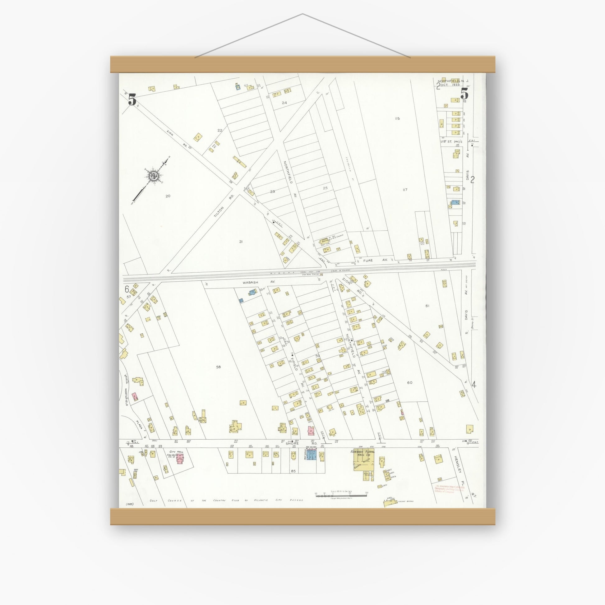 Old map wall art mockup — magnetic wood frame on white wall — Sanborn Fire Insurance Map from Northfield, Atlantic County, New Jersey (1933), Sheet #0005