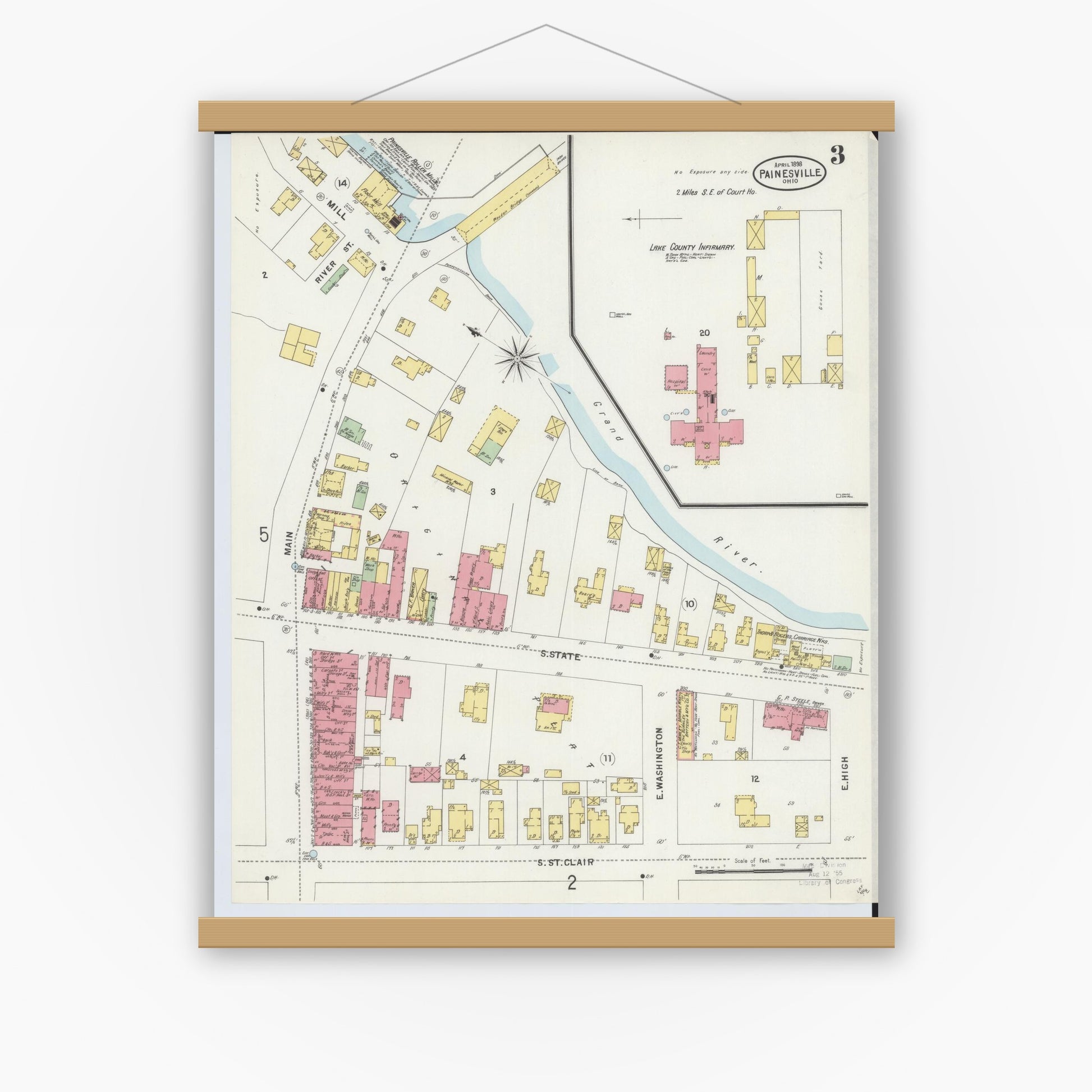 Old map wall art mockup — magnetic wood frame on white wall — Sanborn Fire Insurance Map from Painesville, Lake County, Ohio (1898), Sheet #0003