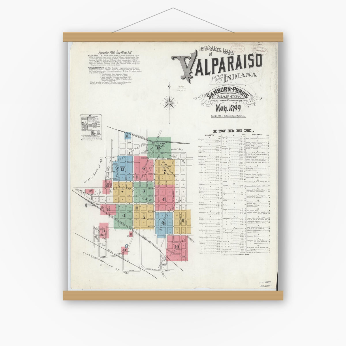 Old map wall art mockup — magnetic wood frame on white wall — Sanborn Fire Insurance Map from Valparaiso, Porter County, Indiana (1899), Sheet #0001