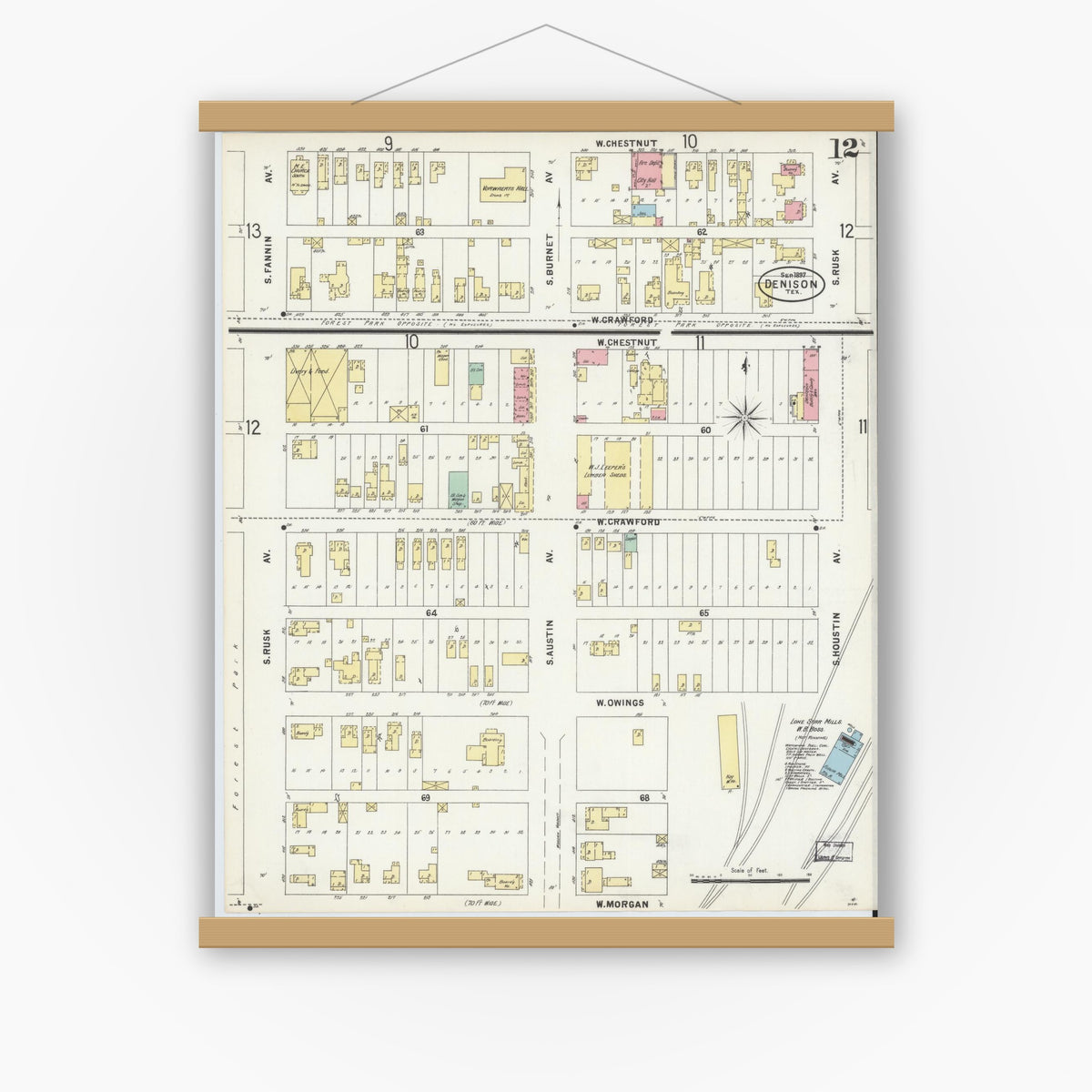 Old map wall art mockup — magnetic wood frame on white wall — Sanborn Fire Insurance Map from Denison, Grayson County, Texas (1897), Sheet #0012