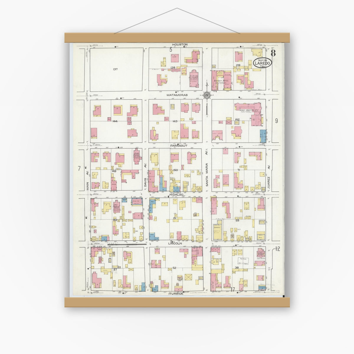 Old map wall art mockup — magnetic wood frame on white wall — Sanborn Fire Insurance Map from Laredo, Webb County, Texas (1916), Sheet #0008
