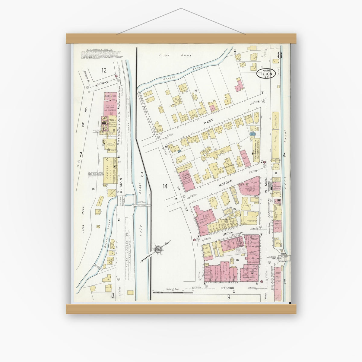 Old map wall art mockup — magnetic wood frame on white wall — Sanborn Fire Insurance Map from Ilion, Herkimer County, New York (1912), Sheet #0008