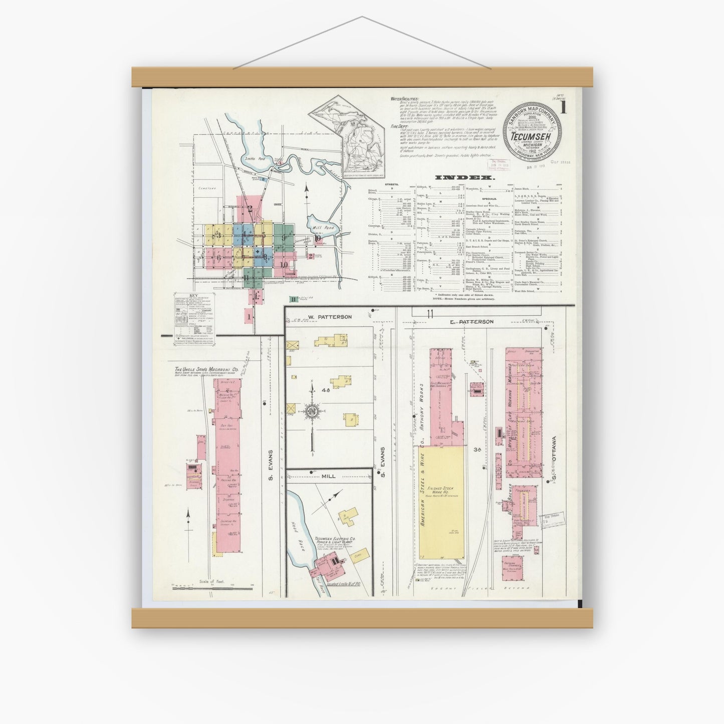 Old map wall art mockup — magnetic wood frame on white wall — Sanborn Fire Insurance Map from Tecumseh, Lenawee County, Michigan (1912) - Complete Map Set