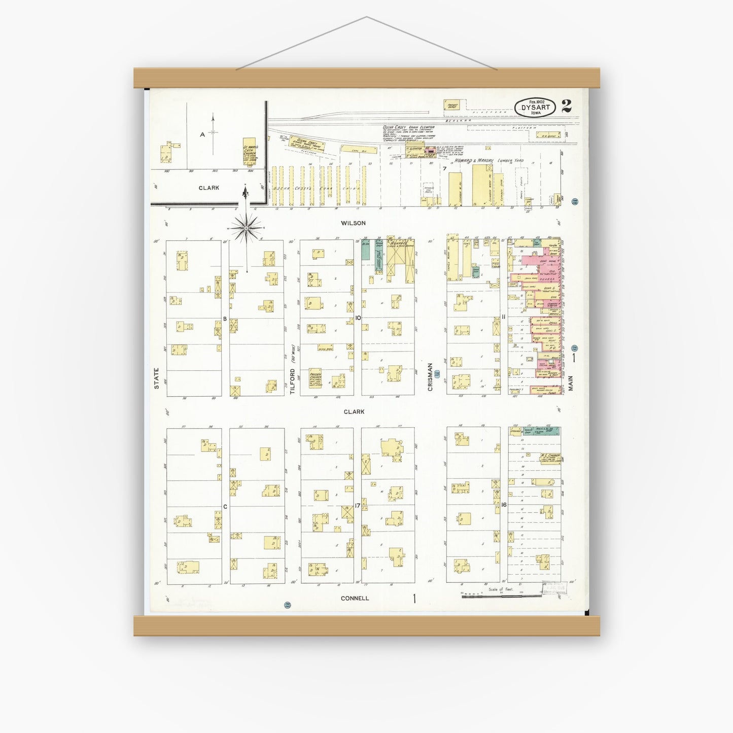 Old map wall art mockup — magnetic wood frame on white wall — Sanborn Fire Insurance Map from Dysart, Tama County, Iowa (1902), Sheet #0002