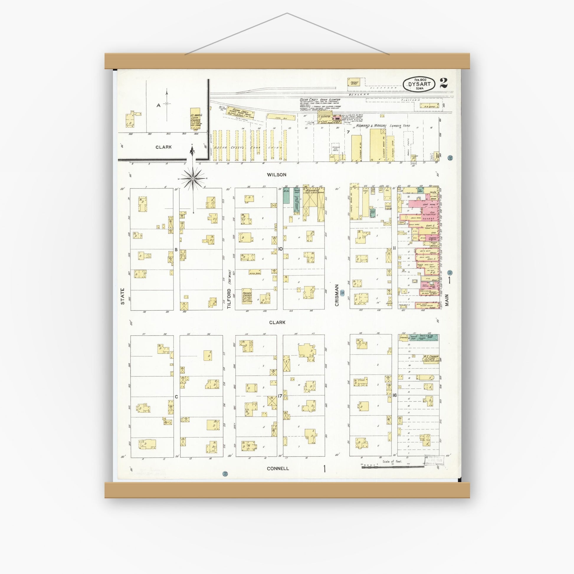 Old map wall art mockup — magnetic wood frame on white wall — Sanborn Fire Insurance Map from Dysart, Tama County, Iowa (1902), Sheet #0002