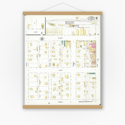 Old map wall art mockup — magnetic wood frame on white wall — Sanborn Fire Insurance Map from Dysart, Tama County, Iowa (1902), Sheet #0002