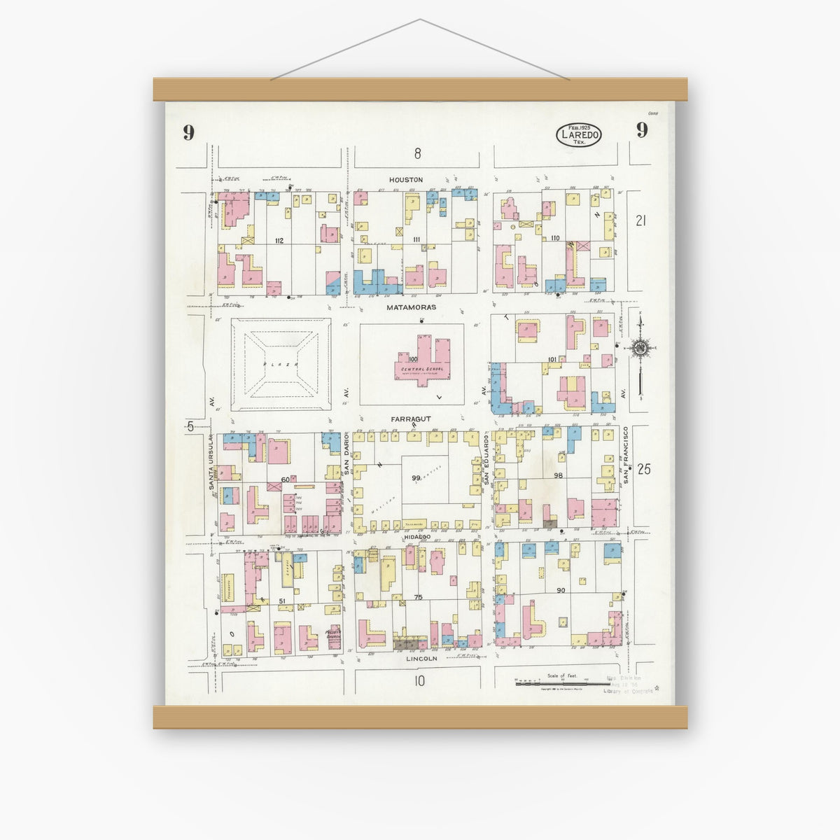 Old map wall art mockup — magnetic wood frame on white wall — Sanborn Fire Insurance Map from Laredo, Webb County, Texas (1925), Sheet #0009