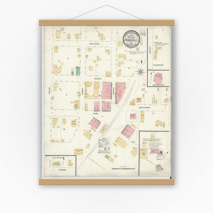Old map wall art mockup — magnetic wood frame on white wall — Sanborn Fire Insurance Map from Daingerfield, Morris County, Texas (1909), Sheet #0001