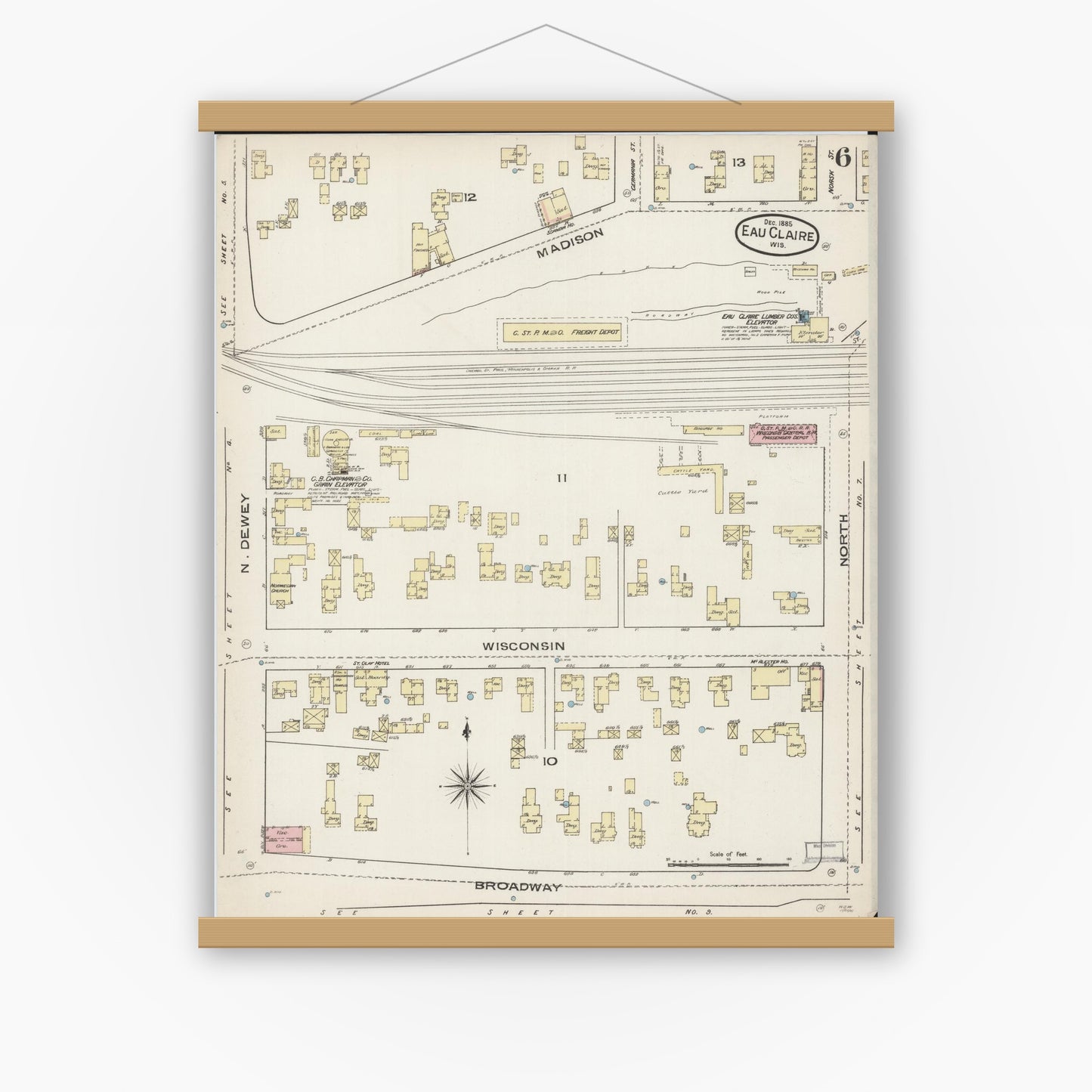 Old map wall art mockup — magnetic wood frame on white wall — Sanborn Fire Insurance Map from Eau Claire, Eau Claire County, Wisconsin (1885), Sheet #0006