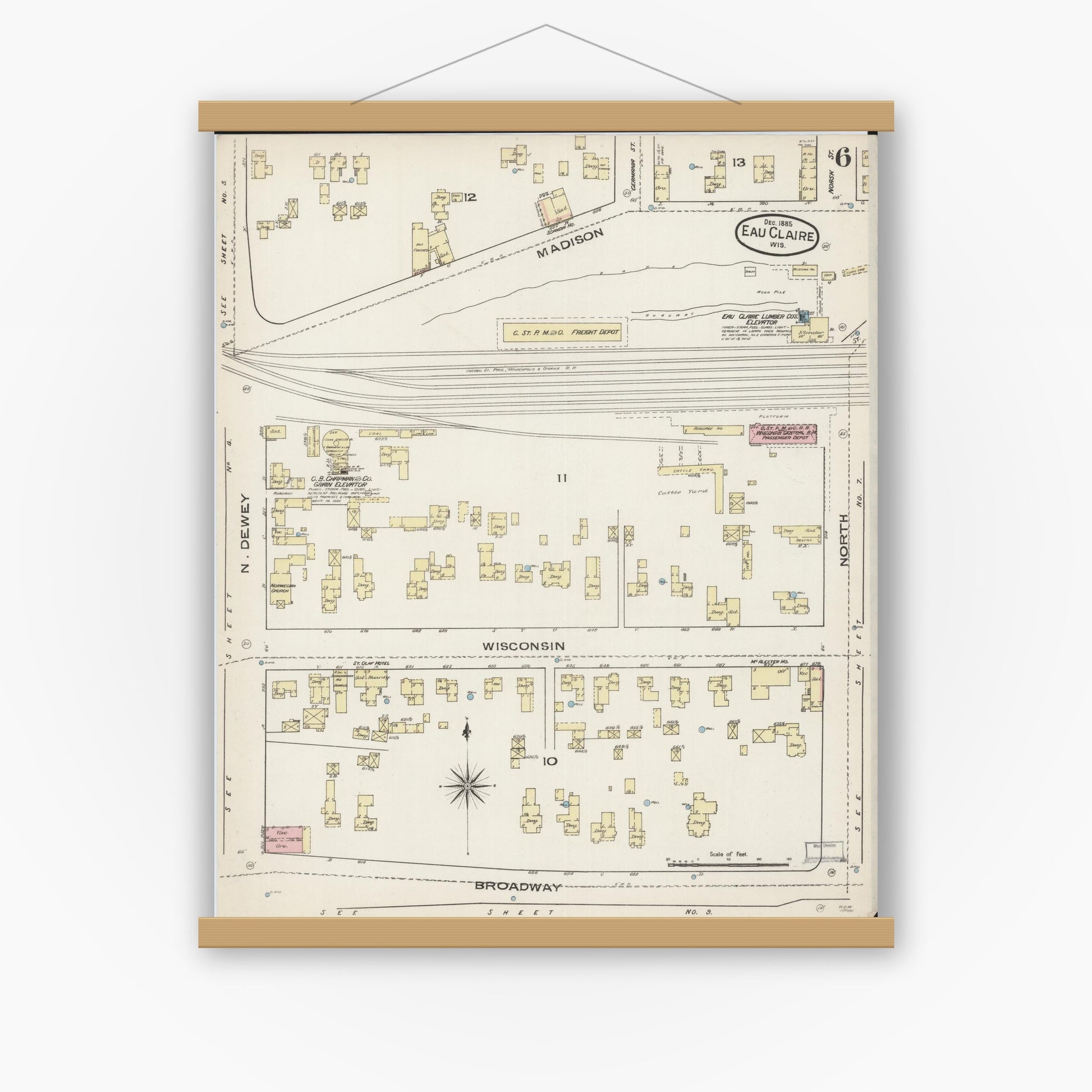 Old map wall art mockup — magnetic wood frame on white wall — Sanborn Fire Insurance Map from Eau Claire, Eau Claire County, Wisconsin (1885), Sheet #0006