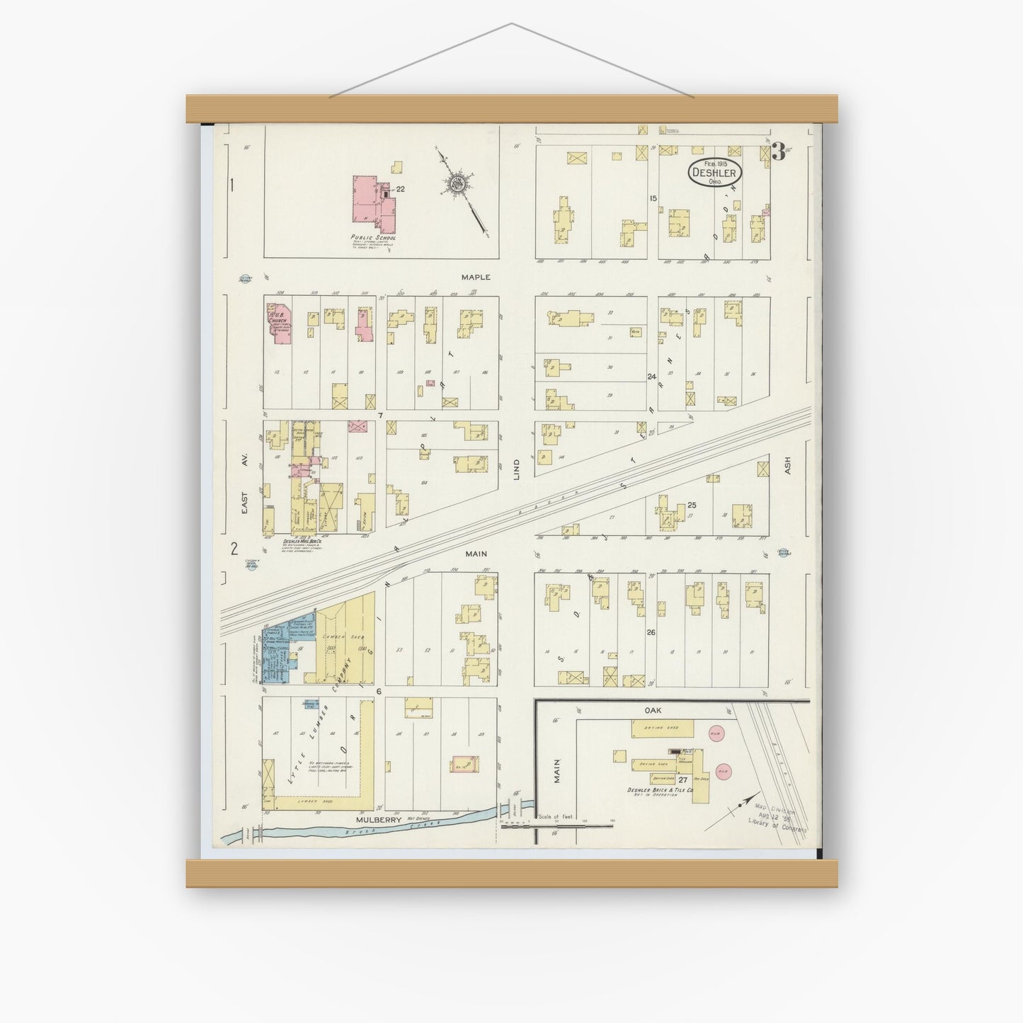 Old map wall art mockup — magnetic wood frame on white wall — Sanborn Fire Insurance Map from Deshler, Henry County, Ohio (1915), Sheet #0003
