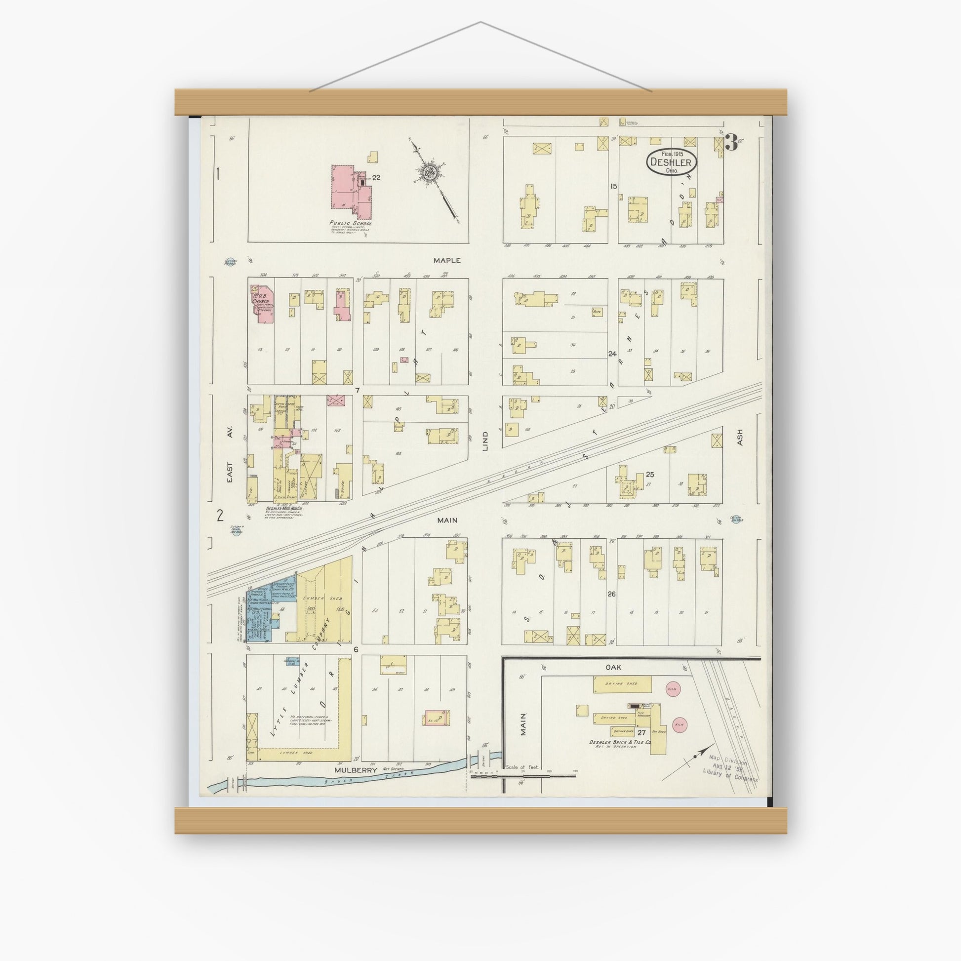 Old map wall art mockup — magnetic wood frame on white wall — Sanborn Fire Insurance Map from Deshler, Henry County, Ohio (1915), Sheet #0003
