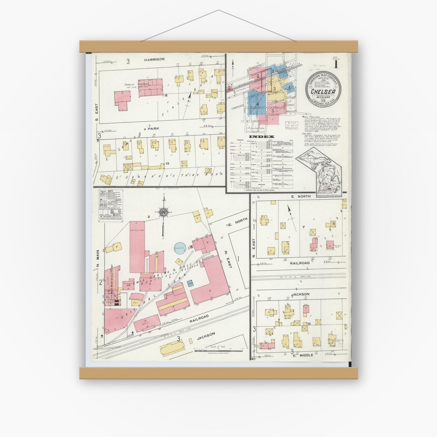Old map wall art mockup — magnetic wood frame on white wall — Sanborn Fire Insurance Map from Chelsea, Washtenaw County, Michigan (1918) - Complete Map Set