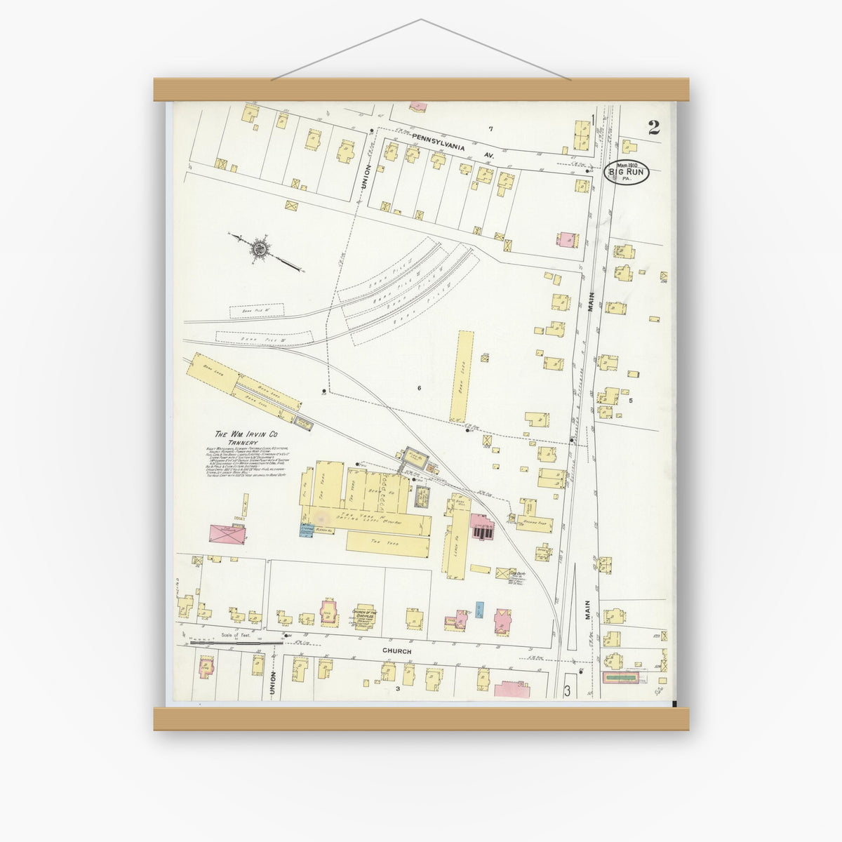Old map wall art mockup — magnetic wood frame on white wall — Sanborn Fire Insurance Map from Big Run, Jefferson County, Pennsylvania (1910), Sheet #0002