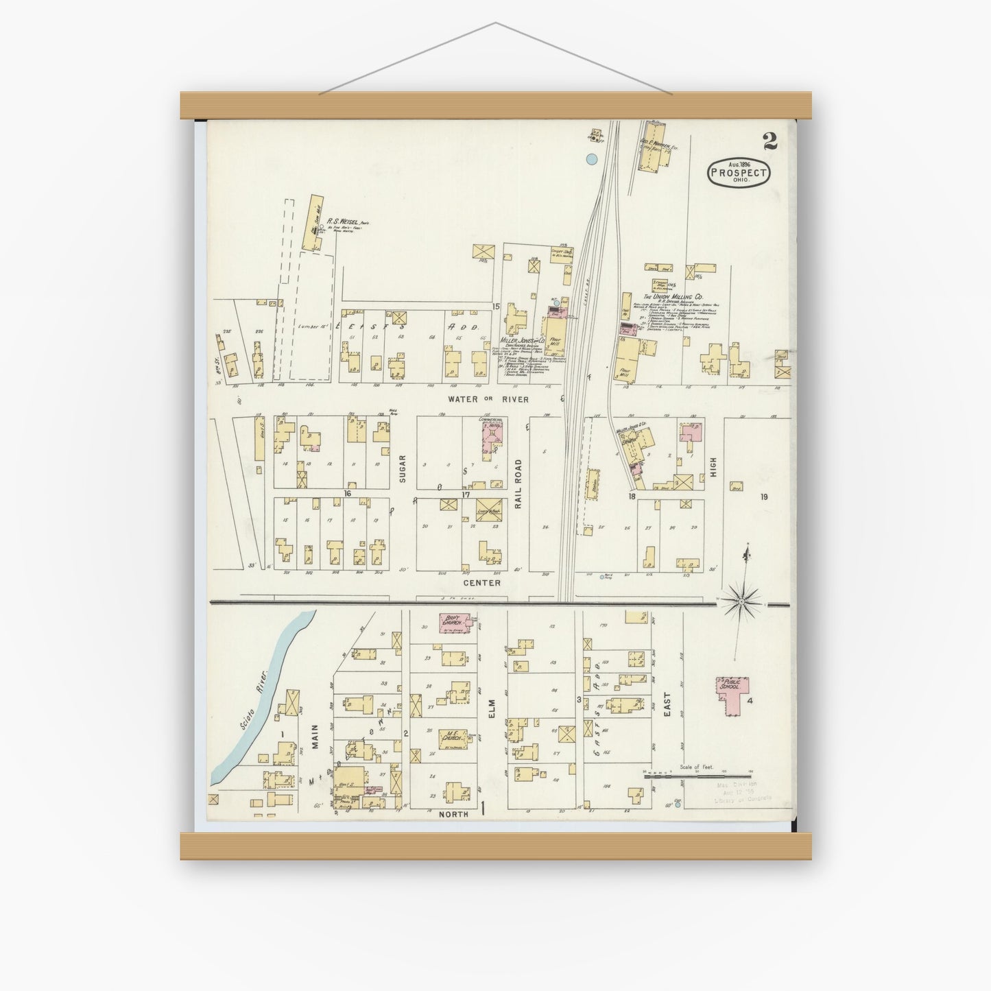 Old map wall art mockup — magnetic wood frame on white wall — Sanborn Fire Insurance Map from Prospect, Marion County, Ohio (1896), Sheet #0002