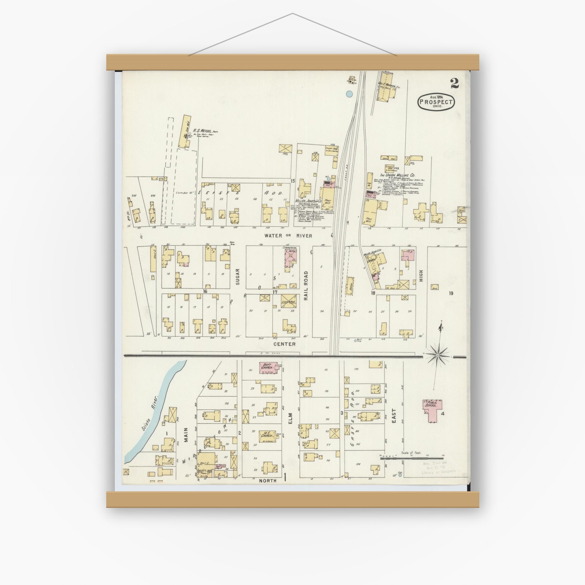 Old map wall art mockup — magnetic wood frame on white wall — Sanborn Fire Insurance Map from Prospect, Marion County, Ohio (1896), Sheet #0002