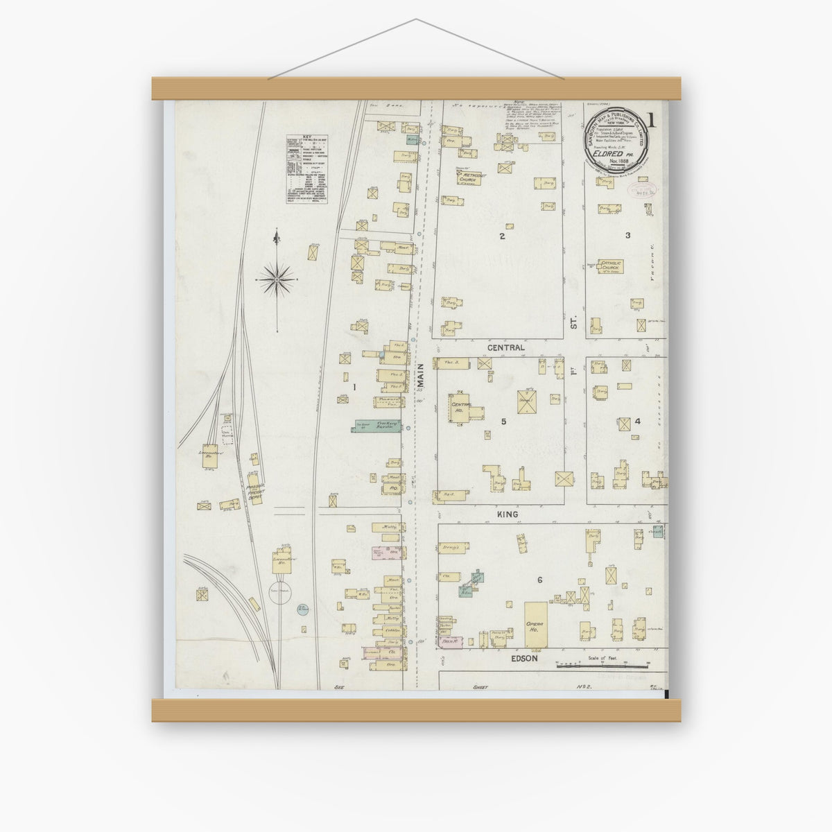 Old map wall art mockup — magnetic wood frame on white wall — Sanborn Fire Insurance Map from Eldred, McKean County, Pennsylvania (1888) - Complete Map Set