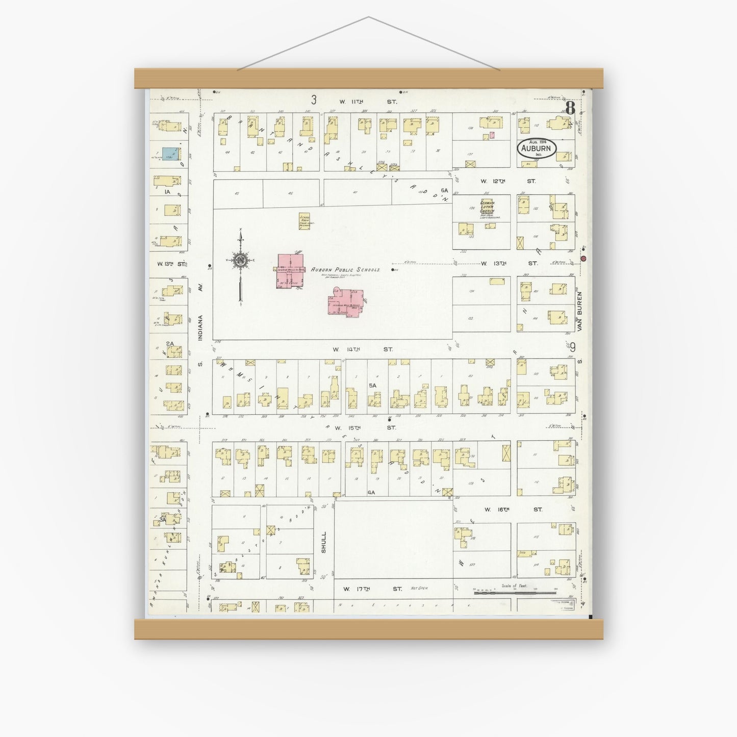 Old map wall art mockup — magnetic wood frame on white wall — Sanborn Fire Insurance Map from Auburn, De Kalb County, Indiana (1914), Sheet #0008