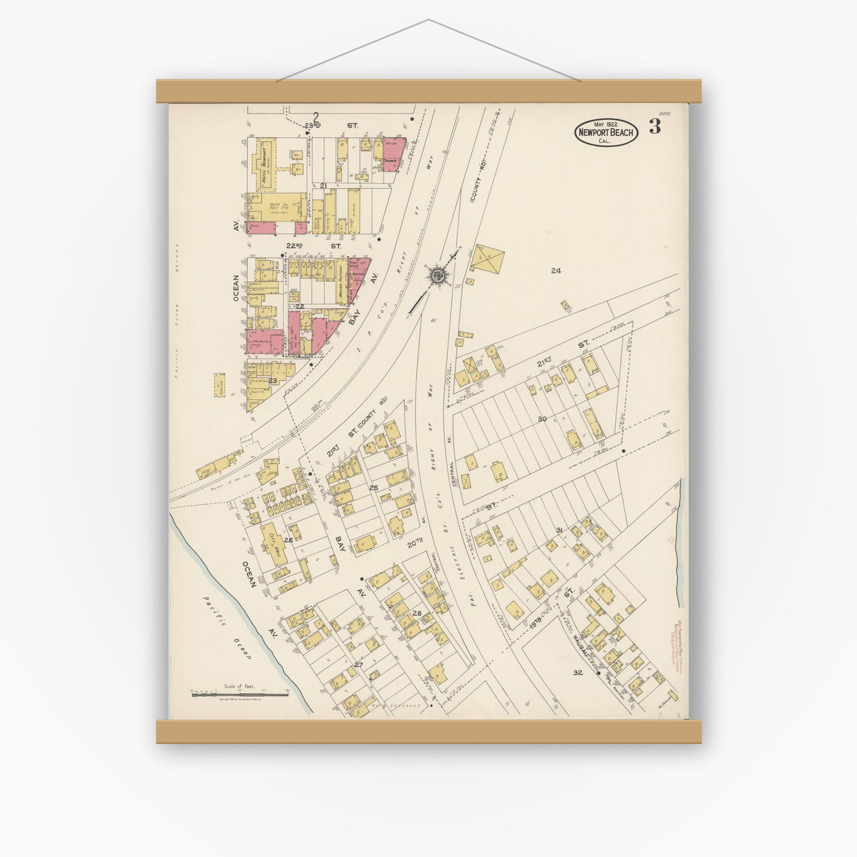 Old map wall art mockup — magnetic wood frame on white wall — Sanborn Fire Insurance Map from Newport Beach, Orange County, California (1922), Sheet #0003