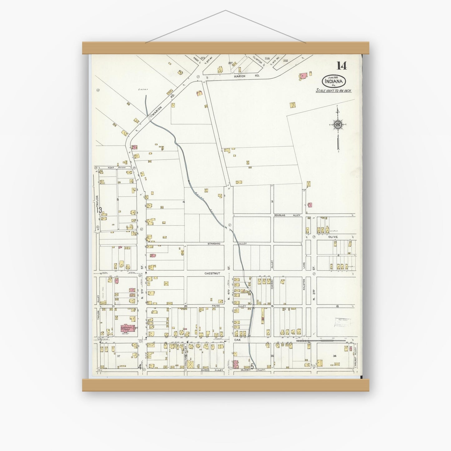 Old map wall art mockup — magnetic wood frame on white wall — Sanborn Fire Insurance Map from Indiana, Indiana County, Pennsylvania (1916), Sheet #0014