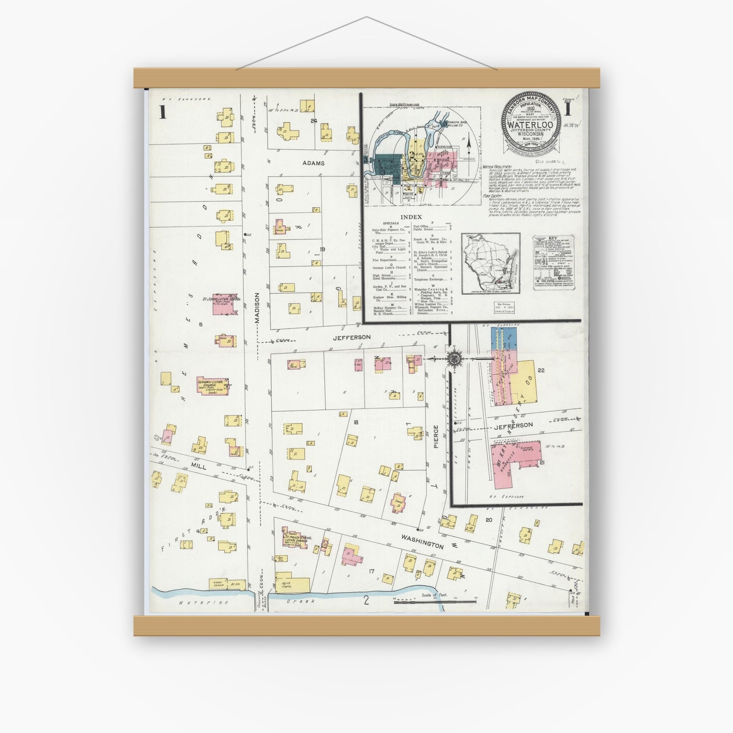 Old map wall art mockup — magnetic wood frame on white wall — Sanborn Fire Insurance Map from Waterloo, Jefferson County, Wisconsin (1924), Sheet #0001
