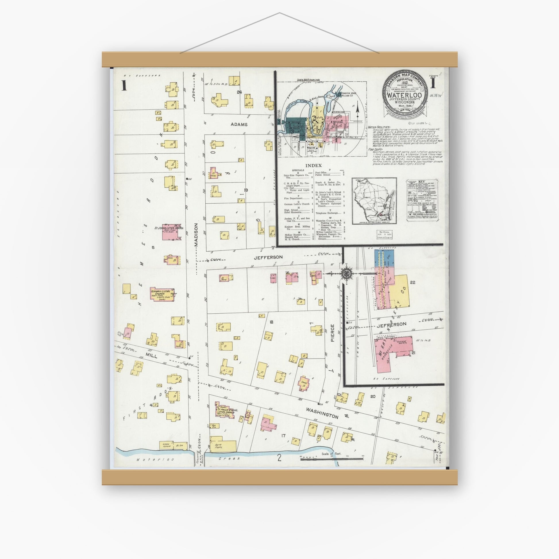 Old map wall art mockup — magnetic wood frame on white wall — Sanborn Fire Insurance Map from Waterloo, Jefferson County, Wisconsin (1924), Sheet #0001