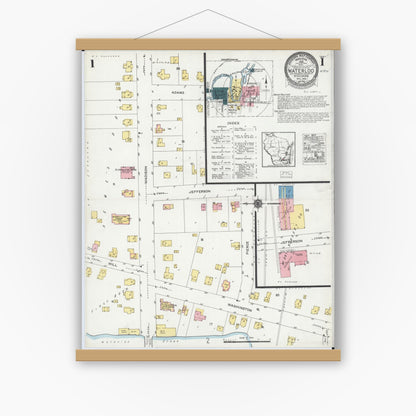 Old map wall art mockup — magnetic wood frame on white wall — Sanborn Fire Insurance Map from Waterloo, Jefferson County, Wisconsin (1924), Sheet #0001